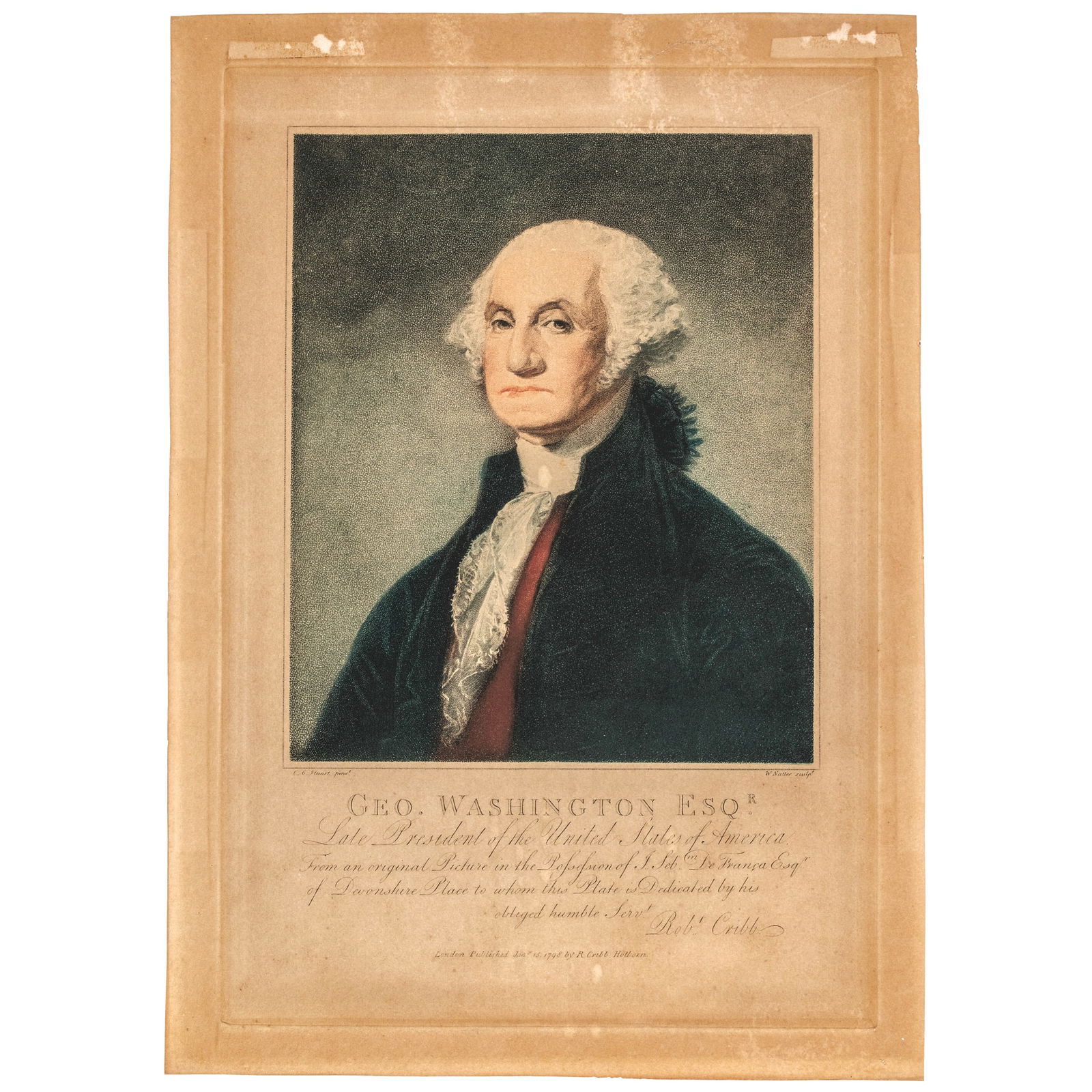 1798 Color Engraving by M. Nutter, Titled: GEORGE WASHINGTON ESQR., After Gilbert Stuart: Washington Related George Washington After the Engraving by M. Nutter 1798 and Gilbert Stuart's Painting, "GEORGE WASHINGTON ESQR" 1798-Dated Federal Period, Color Engraving of President George Washin