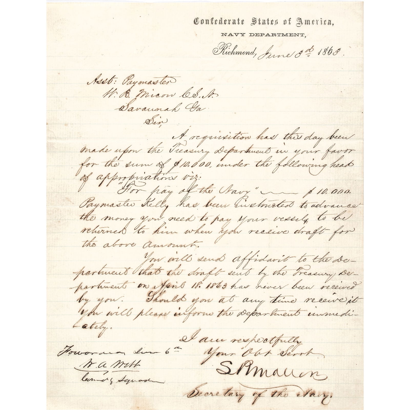1863 STEPHEN R. MALLORY Confederate Secretary of the Navy Letter Signed, CSA William A Webb Endorsed (1 of 5)