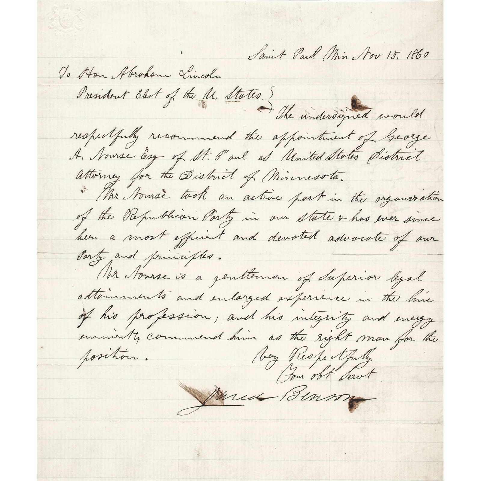 Nov. 15, 1860 Civil War Era, Rare Letter: To Hon. Abraham Lincoln, President Elect of the U. States (1 of 3)