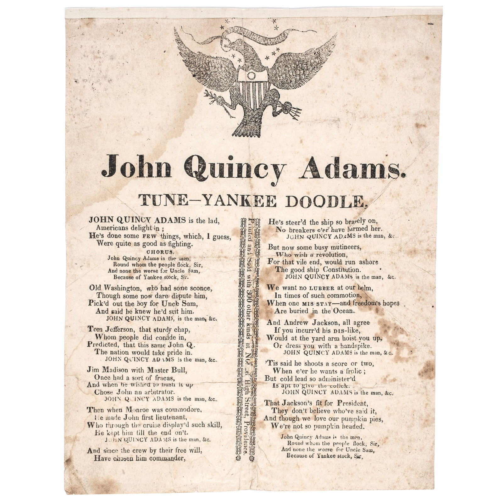 John Quincy Adams Presidential Campaign Political Song Handbill, Sung to the TUNE - YANKEE DOODLE ! (1 of 3)