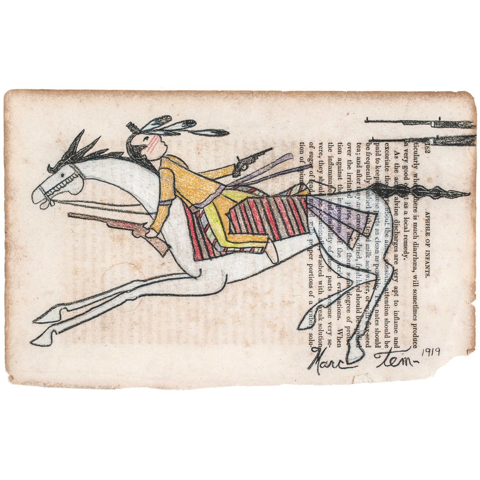 Native American Indian Ledger Art, Double-Armed Warrior on Horseback in Battle Signed, Marc Tem -: Western America Native American Indian "Ledger Art" of a Double-Armed Warrior on Horseback in Battle Signed, Marc Tem - 1919 1919-Dated, Original Hand-Drawn and Hand-Colored Handsome Native American I