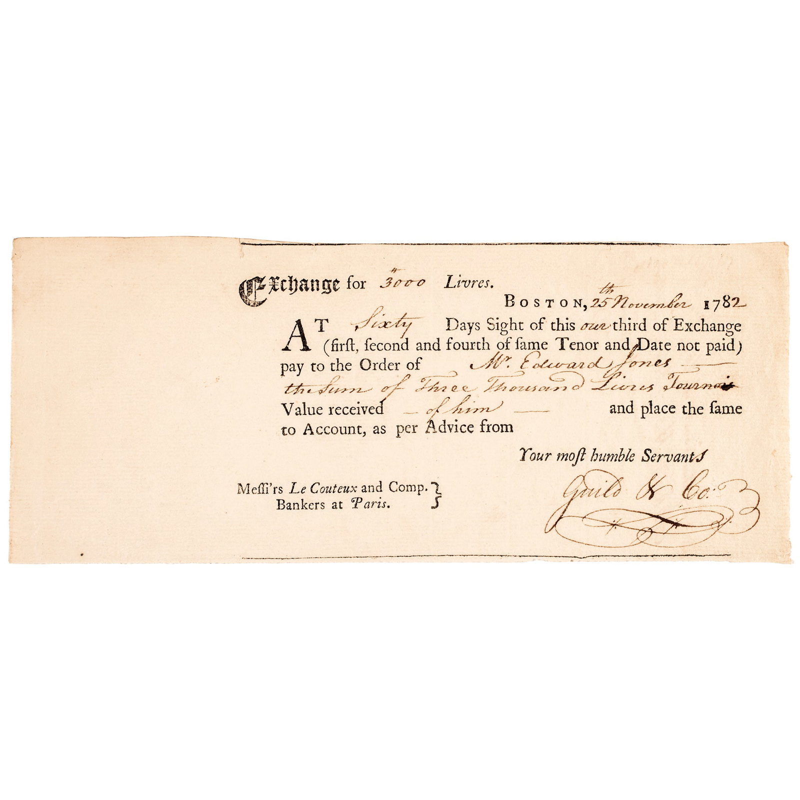 1782 Boston, MA and 1795 Alexandria,VA, Two Completed International Financial Bills of Exchange (1 of 4)
