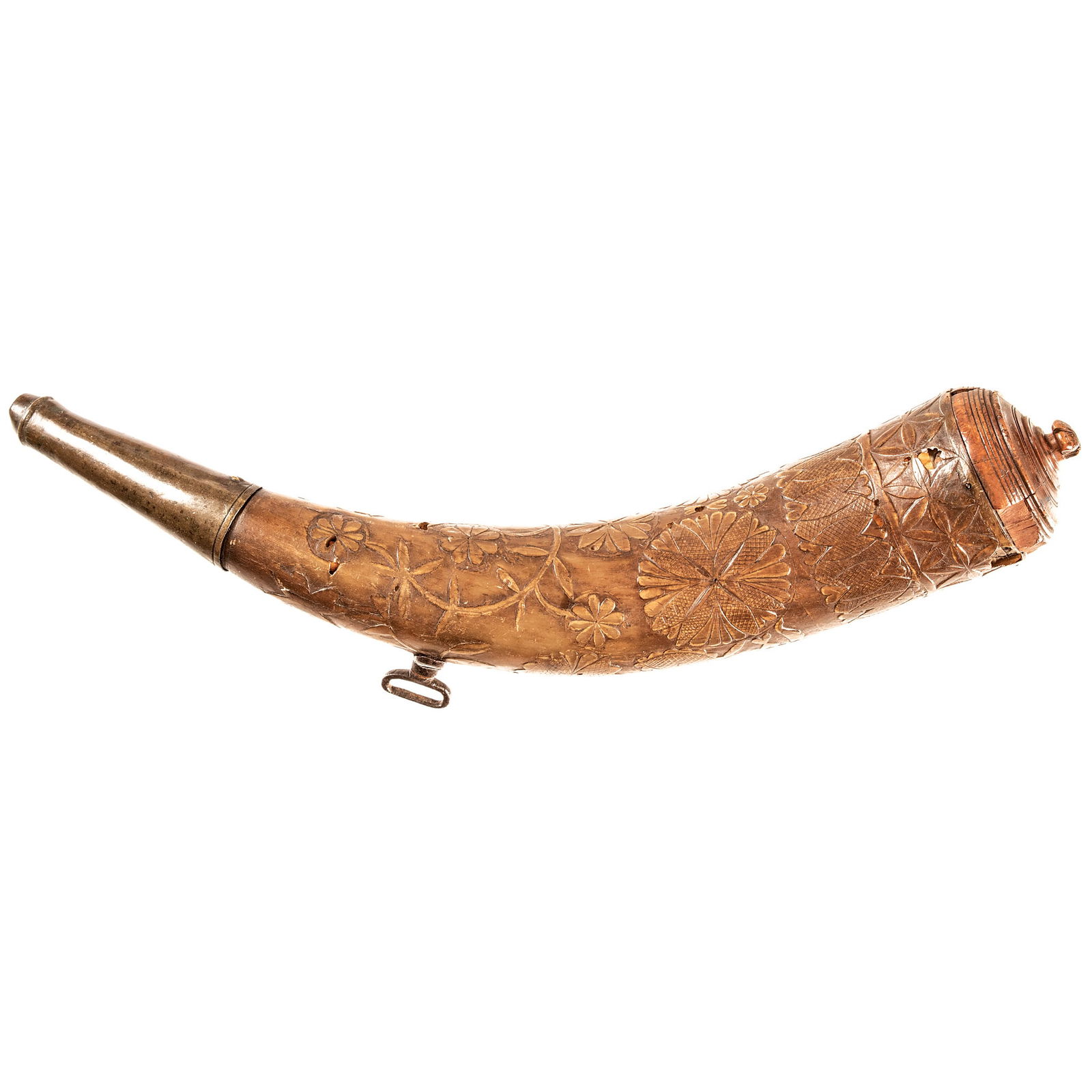 c. 1840, Hand-Carved Pennsylvania Style Powder Horn with Raised Decorative Designs (1 of 3)