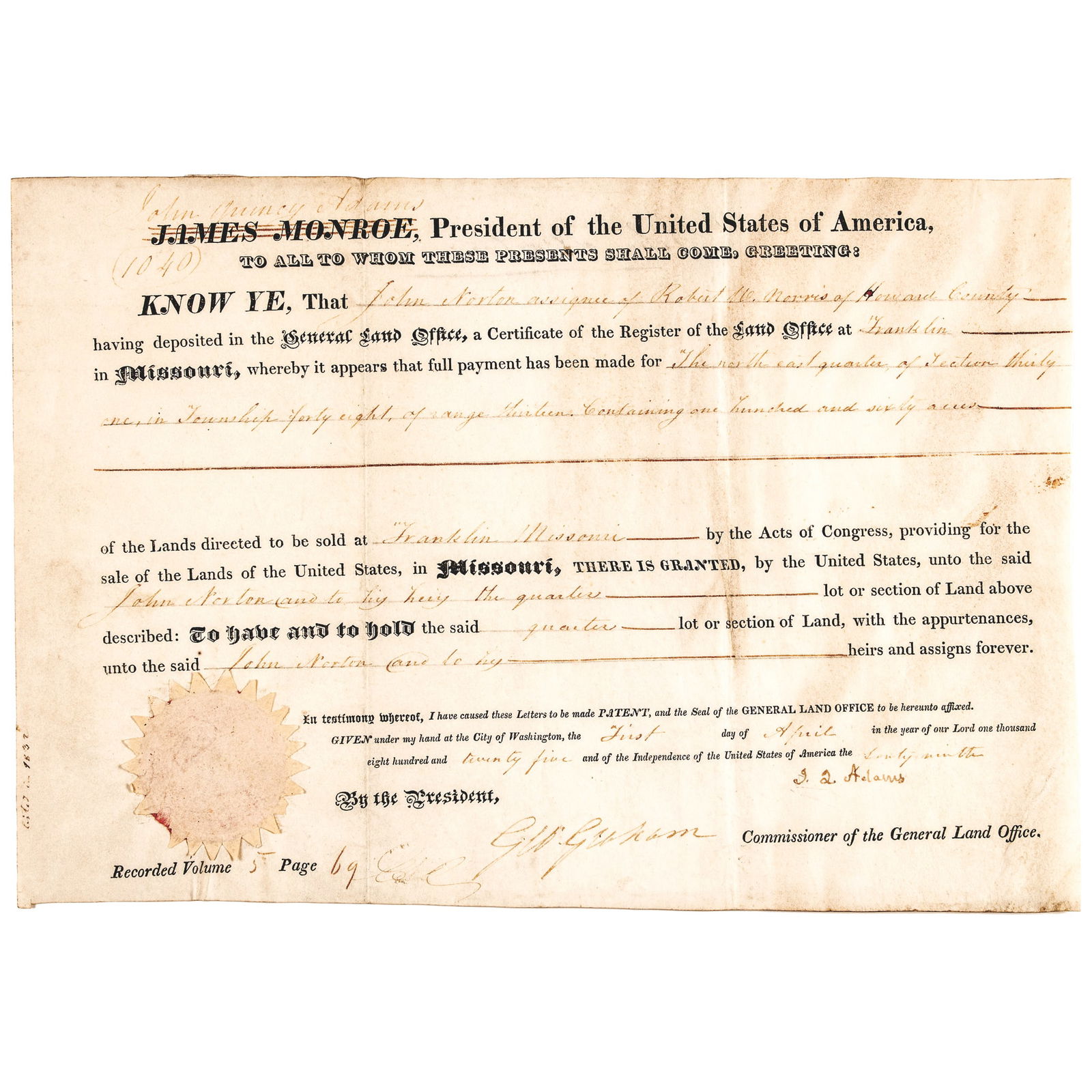 April 1, 1825 JAMES MONROE Headed, yet Signed by J. Q. Adams as President, Rare Re-use Document.