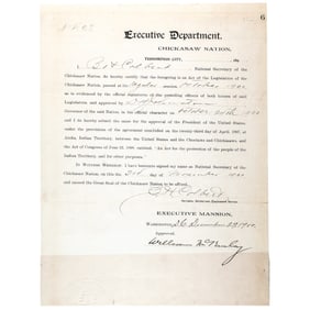 President WILLIAM McKINLEY Signed Document Approving Chickasaw Nation, Executive Department Expenses