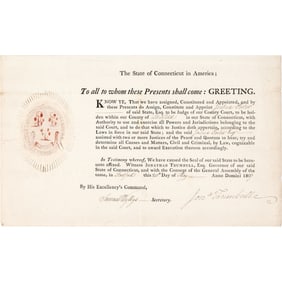 1807 Jonathan Trumbull, Jr as Governor of Connecticut Appointment of a Judge for our County of