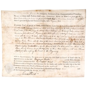 1799 JAMES WOOD Signed Virginia Land Document on Vellum Granting 100 Acres, 11th Governor of