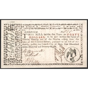 Georgia Colonial Currency, May 4th, 1778  Revolutionary War $40 Dove + Sword Gem Crisp Uncirculated