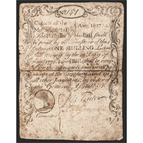 Exceedingly Rare ONE Shilling MA. Aug. 18, 1775 Paul Revere Note Fr. MA-158 First Sword in Hand Note