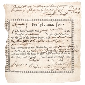 1780 Lancaster, Pennsylvania Horse Purchase Bond For George Washington's Continental Army - SERIAL 1