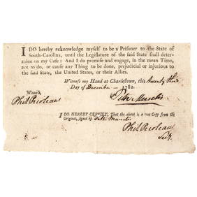 1782 Revolutionary War Charleston, South Carolina Parole of British Prisoner, Partially-Printed Form (1 of 1)