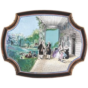 Home of Washington, a Unique Painted Tray, George Washington + Family with Lafayette at Mount Vernon