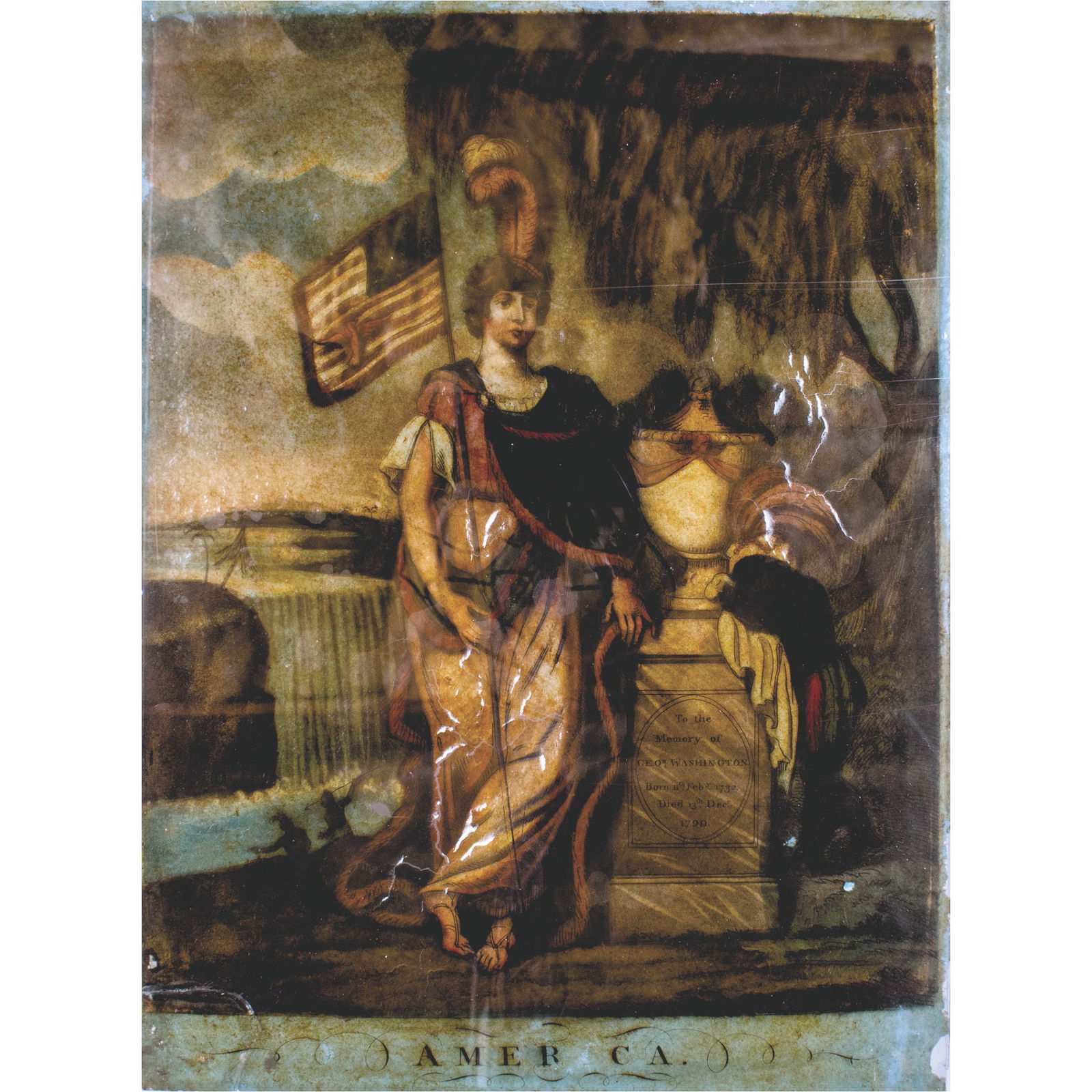 c. 1800 AMERICA., Reverse Painting on Glass, Native American Indian Woman George Washington Memorial: Washington Related "AMERICA." GEORGE WASHINGTON Memorial "To the Memory of GEOr WASHINGTON. Born 11th Feby. 1732 / Died 13th Decr. 1799" Reverse Painting on Glass c. 1800 c. 1800 Federal Period, Rever