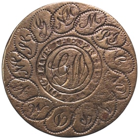 ((1789) George Washington Inaugural Buttton, Brass, Albert-10A, Script GW with Linked States Border