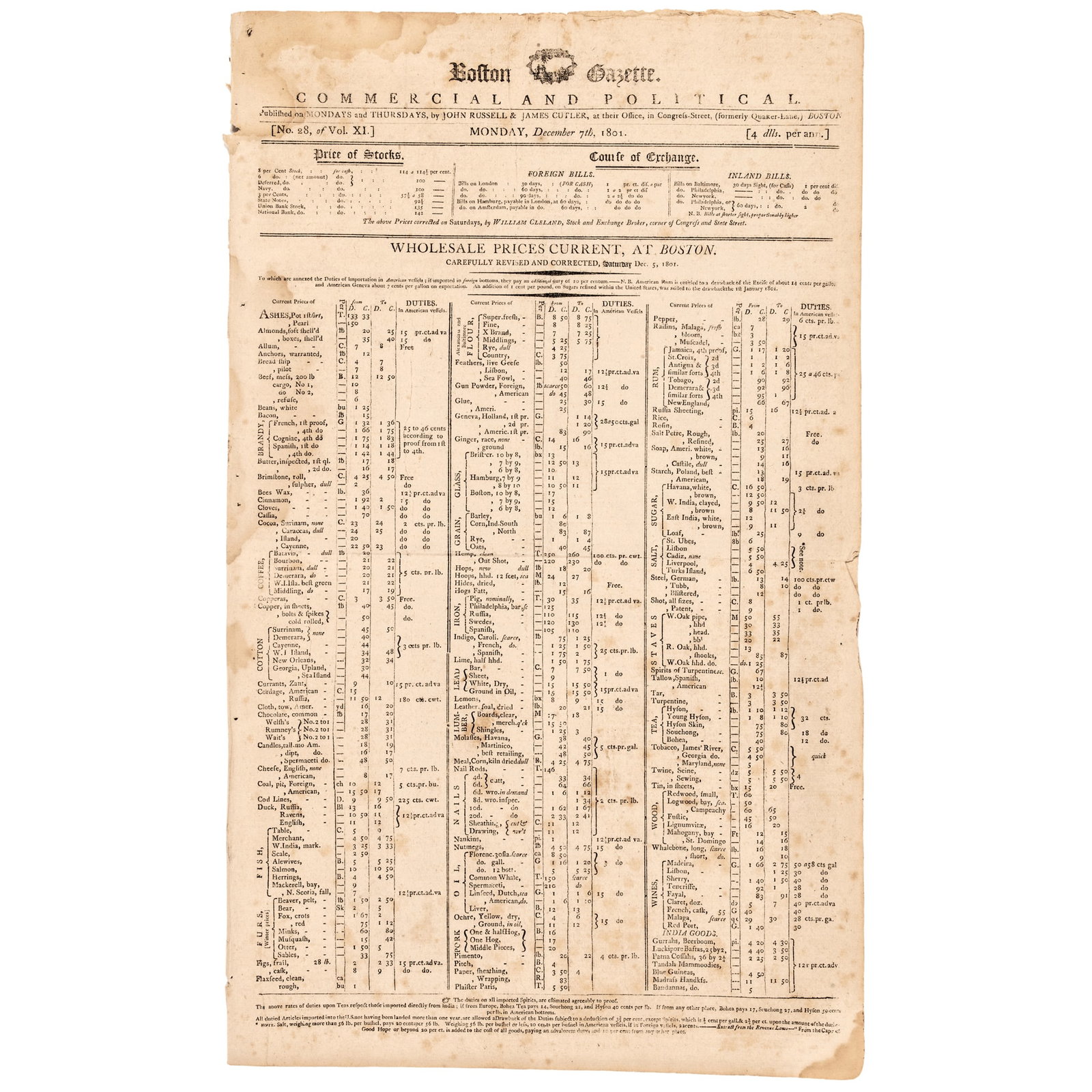 1801 Boston Gazette Newspaper, Alexander Hamilton's Duel, ...which terminated his life.: Federal Period "Boston Gazette" Newspaper Reports Alexander Hamilton's Duel an "... unfortunate affair, which terminated his life. ..." December 7, 1801-Dated Federal Period, Newspaper titled, "Boston
