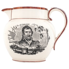 c. 1816 War of 1812 Lusterware Pitcher with American General Jacob Jennings Brown + Stephen Decatur