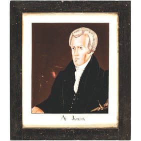 c. 1815-30 Choice Reverse-Painting on Glass, Seated Portrait of Andrew Jackson with his Sword