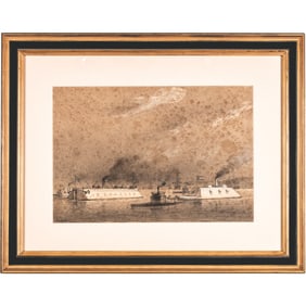 1860s Civil War Original Artwork Chalk on Board Drawing Union + Confederate Flag Navy Ironclads