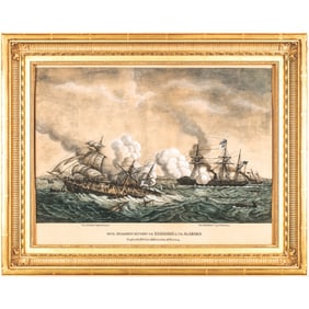 c. 1865 Civil War Watercolor Painting Titled, Naval Engagement Between The Kearsarge + The Alabama