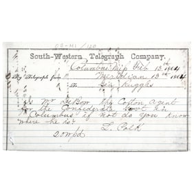 CSA Major General LEONIDAS POLK's Telegram Sent to Confederate General Ruggles, February 13th, 1864