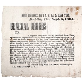 1864 Dublin, VA. Confederate Broadside, General JOHN ECHOLS Warns His Commanders Do Not Harass