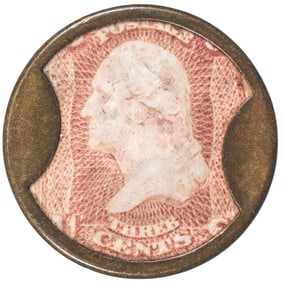 1862 Encased Postage Stamp, EP-46, S-95, 3, J. GAULT, Plain Frame, Variety Rarity-7 (11-15 known)