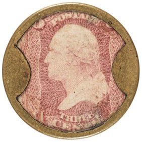 1862 Encased Postage Stamp. J. GAULT Hand-Carved Trial Obverse Frame to Show the Stamp, Three Cents