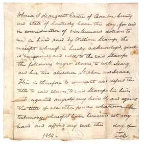 1814 Slave Bill of Sale, KY, Margaret Eastin Sells Slave Mary and her two children, Stephen + Isaac