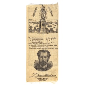 1886-COPYRIGHTED STATUE of LIBERTY DEDICATION CEREMONIES, BARTHOLDI SOUVENIR, NY HARBOR SILK RIBBON