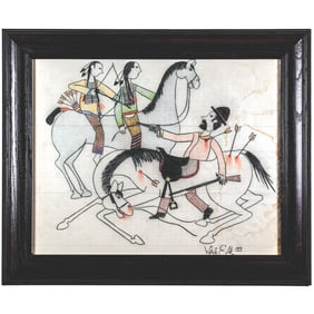 Native American Indian Ledger Art Signed White Elk - 1919 Depicting Indians Attacking a Settler