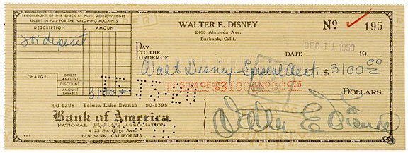 Walt Disney Signed Check 1950: Rare, Walt Disney Signed Check WALT DISNEY. Check Signed, "Walter E. Disney," on a yellow-orange personal check, December 11, 1950, Burbank, California, 3" x 8.25," Extremely Fine. Drawn on the Toluca