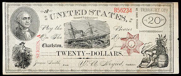 Advertising Note, Charleston,SC: Charleston, SC, James Smith-W.R. Hoyed-United States $20 Bill, Extremely Fine. Vlack-4425-20 A mysterious ad note, there is an Indian smoking "Old Virginia" tobacco at the lower right. Vlack lists the