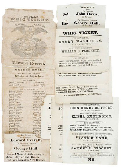 1800s Whig Governor Election Ballots: 1836 to 1854, Election Ballots for Four Whig Governors of Massachusetts: Edward Everett, John Davis, John Henry Clifford, and Emory Washburn. A Collection of Gubernatorial Ballots, 11 in all, Good to