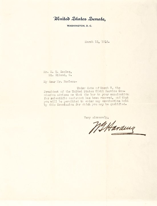 WARREN G. HARDING, Typed Letter Signed 1916: Autographs 1916 Typed Letter Boldly Signed By “W. G. Harding” WARREN G. HARDING (1865 - 1923). 29th President of the United States, serving from 1921 until his death from a heart attack in 1923. M