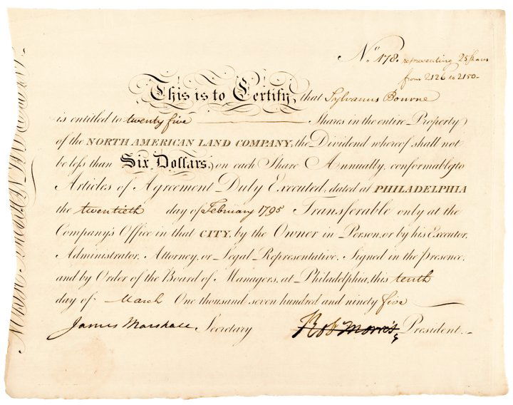 Signer ROBERT MORRIS, Signed Stock Certificate: Autographs Financier of the American Revolution 1795 “Robt Morris” Signed Stock Certificate as President of the North American Land Company, Philadelphia ROBERT MORRIS, Signer to the United States