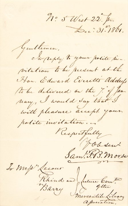 SAMUEL F. B. MORSE, American Inventor 1861 Letter: Autographs 1861 Civil War Date Samuel F.B. Morse Autograph Letter SAMUEL F. B. MORSE, American Inventor who Developed Telegraphy and the “Morse Code”. December 31, 1861-Dated Civil War Period, Man