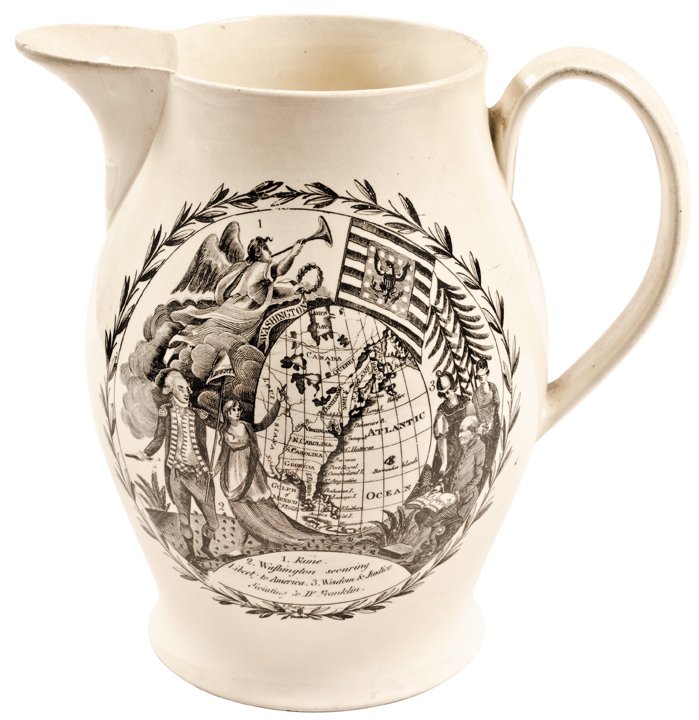 Historic Liverpool Creamware Pitcher - Washington: Glass and Porcelain Historic Liverpool Creamware Pitcher "Washington Securing Liberty to America" and "America Independent 4 July 1776" c. 1795 Post Revolutionary War, Federal Period, Historic Liverpo