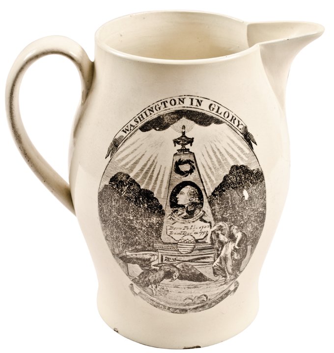 c. 1800 Historic Liverpool Creamware Pitcher: Glass and Porcelain Historic Liverpool Creamware Pitcher “Washington in Glory” and “Peace, Plenty And Independence” Transfers c. 1800 Federal Period, Historic Liverpool Creamware Pitcher, with