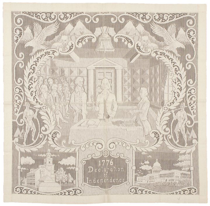 DECLARATION OF INDEPENDENCE Lace Panel Depiction: Historic Americana Lace Panel Depiction of the Declaration of Independence (DECLARATION OF INDEPENDENCE). Cream colored Lace Panel depicting the Signing of the Declaration of Independence, no date or