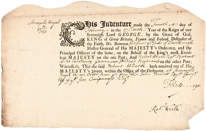 1719 Colonial Military Ordinance Annapolis Royal: Colonial America Rare “Annapolis Royal” 1719/20-Dated Boldly Printed Early Colonial British Military Ordinance Receipt February 4, 1719/20-Dated, Colonial Period Partly-printed Military Ordinance 