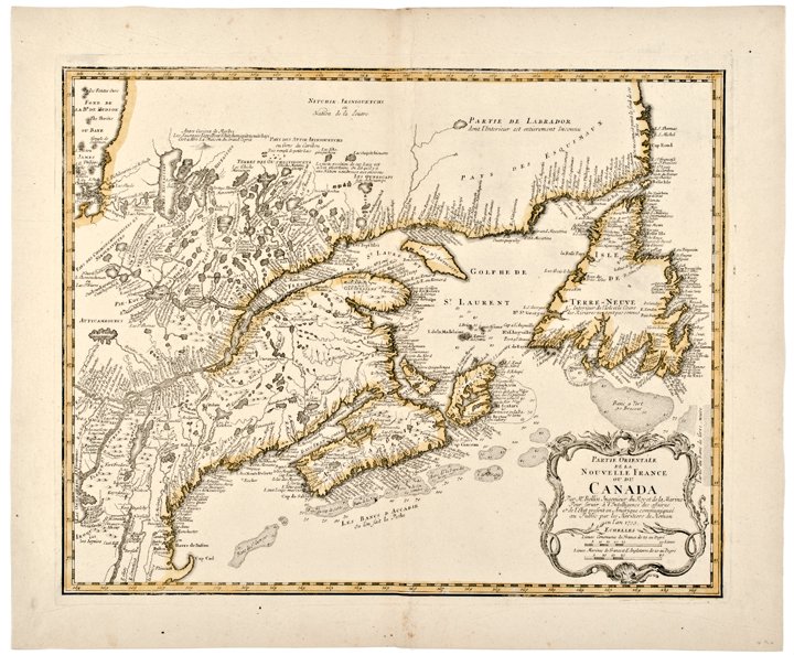 1755 Choice Bellin Handcolored Double-Sheet Map: Historic Maps Choice 1755 Hand-Colored Map by Jacques Nicolas Bellin 1755. Hand-Colored Double-Sheet Map titled, “PARTIE ORIENTALE DE LA NOUVELLE FRANCE OU DU CANADA” by Jacques Nicolas Bellin, Pu
