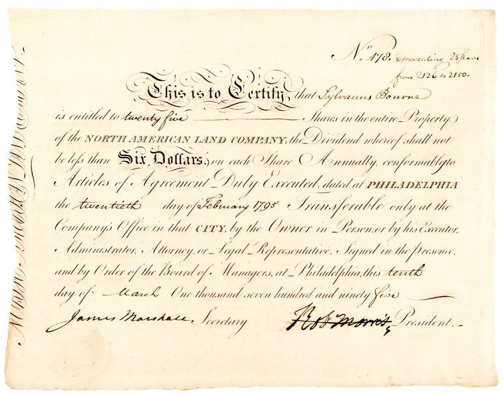 Signer ROBERT MORRIS, Signed Stock Certificate: Autographs Financier of the American Revolution 1795 “Robt Morris” Signed Stock Certificate as President of the North American Land Company, Philadelphia ROBERT MORRIS, Signer to the United States
