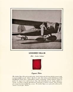 Amelia Earhart’s Aircraft Authentic Fabric Patch: Historic Americana Amelia Earhart’s “Lockheed Vega 5B” Aircraft Poster with Authentic Fabric Patch c. 1970, Smithsonian Institution Aviation Relic Series Poster of Amelia Earhart’s “Lockheed