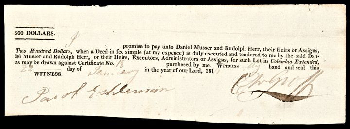 1814 LAND Lottery Ticket $200 For a Property Lot: Colonial Lottery Extremely Rare 1814-Dated “LAND” Lottery Ticket Columbia (PA.). January 27, 1814 (War of 1812 Era). $200. Land Lottery Ticket for Winning a Property Lot. Partially-Printed Date. C