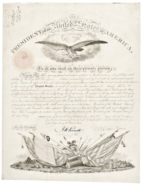 1838 MARTIN VAN BUREN Signed Military Commission: Autographs 1838 Martin Van Buren Signed Ornate Military Commission MARTIN VAN BUREN (1782-1862). 8th President of the United States, First President born as an American Citizen! July 10, 1838-Dated. P