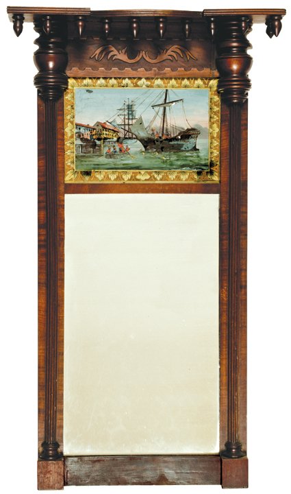 c. 1840-80 Wall Mirror BOSTON TEA PARTY Painting: American Revolution Reverse Painting on Glass Panel of the Boston “Tea Party” c. 1840-80 Wall Mirror with Decorative Eglomise Reverse Painting on Glass Panel with Depiction of the Boston “Tea Pa