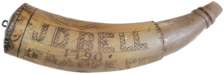 1790-Dated Engraved Pennsylvania Powderhorn: Federal Period Ornate “1790” Dated Engraved Original Powderhorn 1790-Dated, Colonial Era, Ornately Engraved Pennsylvania Powderhorn, 8.75” Long, Very Fine. This authentic, original Hand-carved,