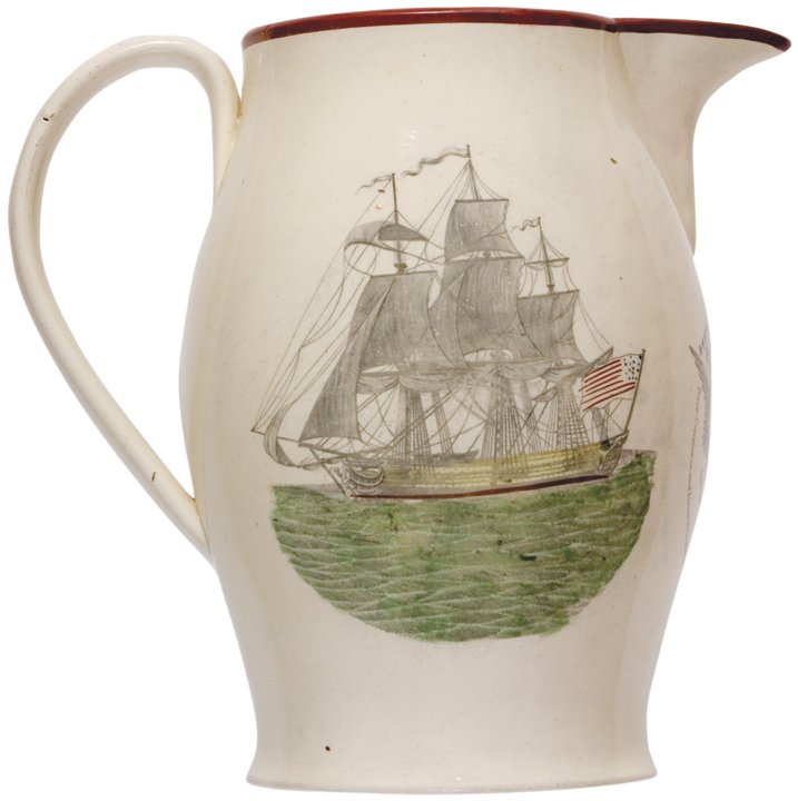 Liverpool Masonic Pitcher, 3 Colorful Transfers: Glass and Porcelain 1804 Dated Liverpool Creamware Pitcher With Arms of the United States and Quote by Thomas Jefferson c. 1804, Large Liverpool Creamware Masonic Pitcher, Decorated with an American S
