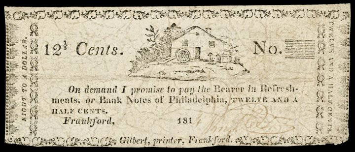 Obsolete Currency, Frankford PA, Lees Refreshments: Obsolete Currency Rare 1814 Frankford Pennsylvania “Refreshments” Issuer Frankford, PA. John Lees Refreshments. 12-1/2 Cents. 1814. Choice Fine. Haxby PA-Not listed. Hoober XXX-XXX. Imprint of Gil