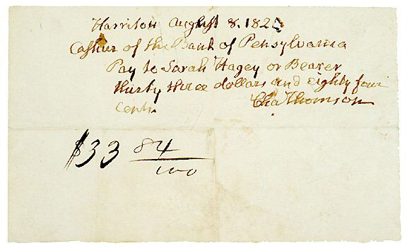 Charles Thomson Signed Document: "Charles Thomson" Secretary of the Continental Congress Check Signed Just Eight Days Before His Death CHARLES THOMSON, First and Only Secretary of the Continental Congress. Autograph Document Signed,